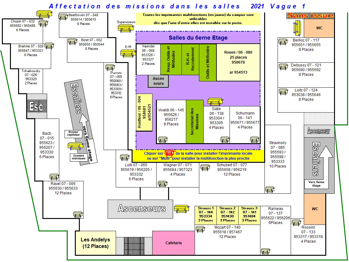 Plan des salles de mission avec les imprimantes et les places disponibles