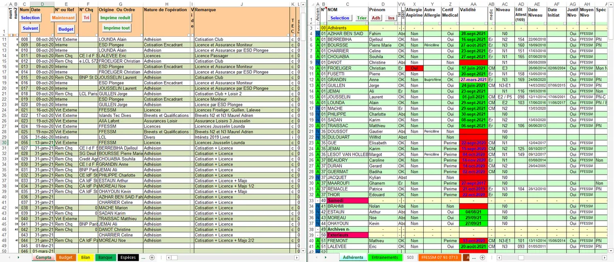Deux fichiers Excel : comptabilite du club a gauche, liste des adherents a droite